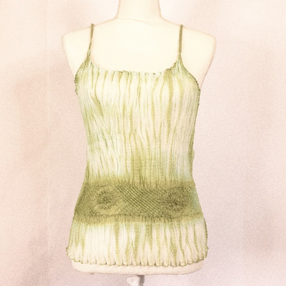 Green & White Colored Tie Dye BodyCon Spaghetti Strap Crinkle Blouse, Never Worn